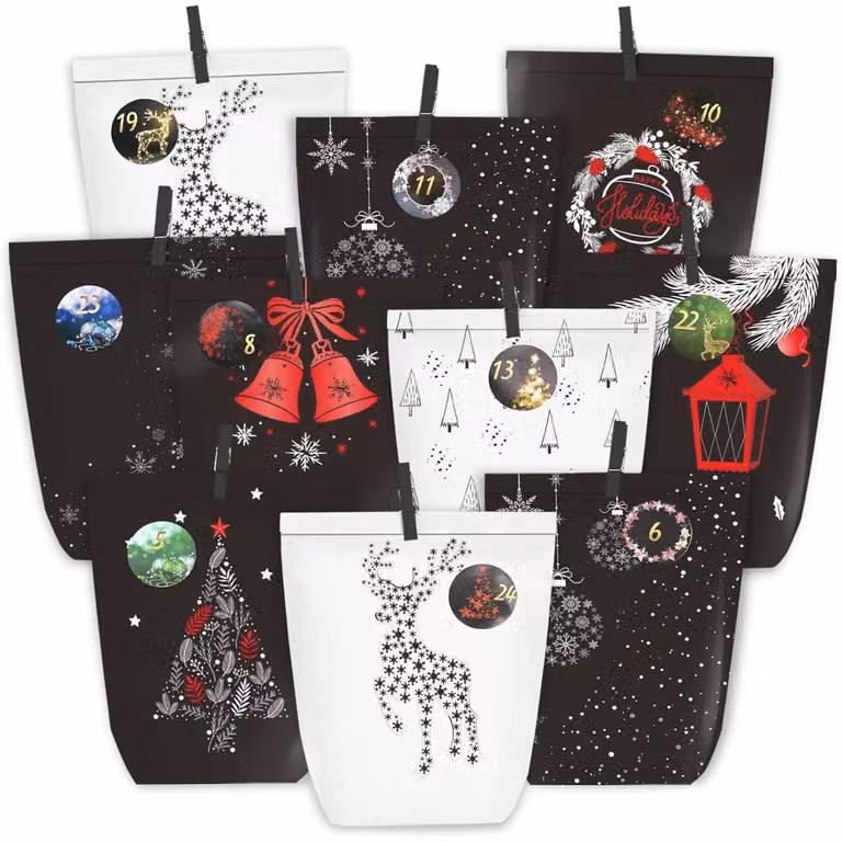 Calendario dell'Avvento con 24 sacchetti di carta, numeri adesivi, classico design nero e rosso