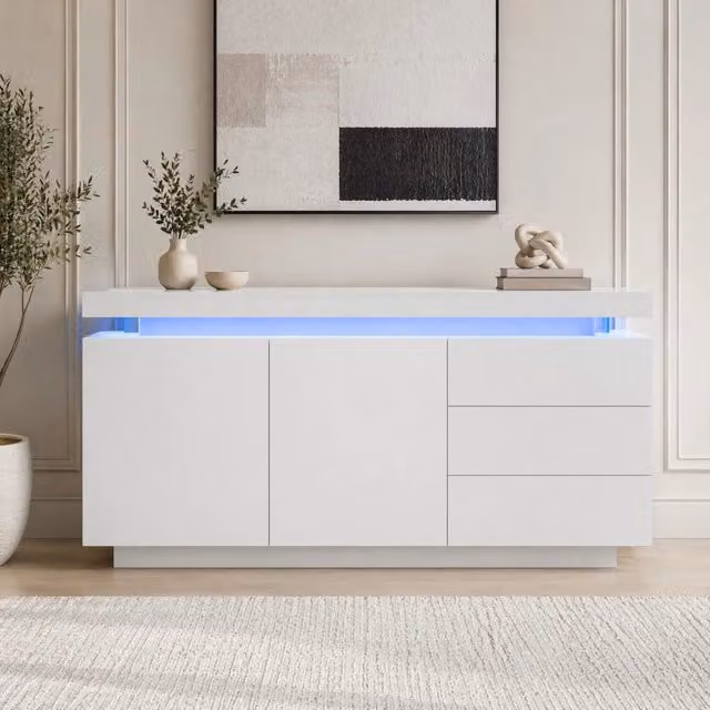 Madia moderna bianca lucida con LED, 2 ante e 3 cassetti, 140x35x72,5 cm, pannelli in truciolato