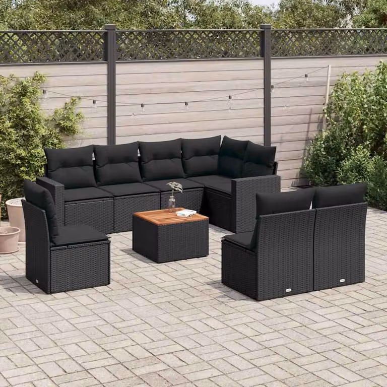 vidaXL Set Divani da Giardino 9 pz in Polyrattan Nero con Cuscini e Tavolino da Caffè