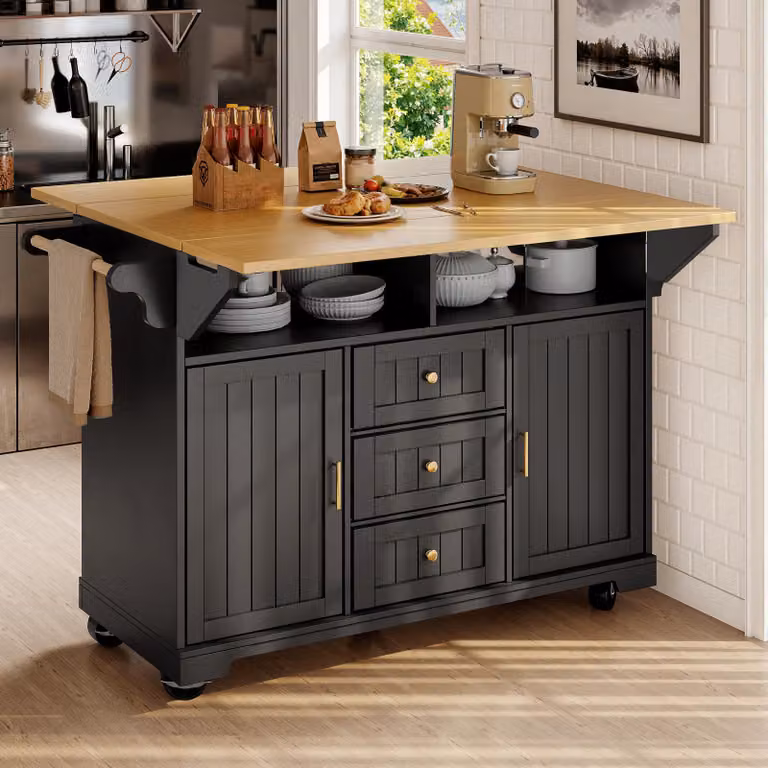 Isola da cucina Sweiko, armadio, mobile buffet 120 x 40 (80) x 95 cm, carrello da cucina allungabile con rotelle, estensibile su entrambi i lati, con portasciugamani e portaspezie, due ante, tre cassetti, nero/bianco