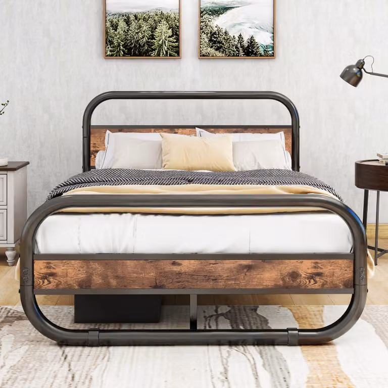 Letto matrimoniale in metallo 120x200 cm, piattaforma a forma ovale con spazio contenitore, colore marrone