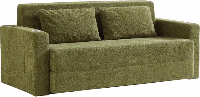 Divano letto convertibile 2 posti per piccoli spazi con porte USB, portabicchieri e tasche laterali in velluto verde