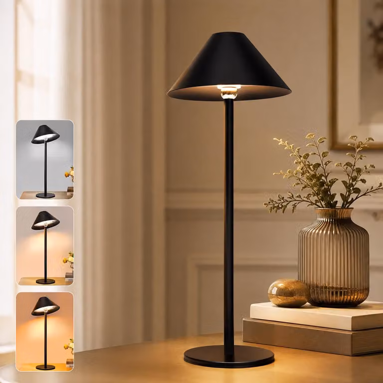 Lampada da tavolo LED con batteria da 4000mAh, lampada da tavolo senza fili, girevole magneticamente a 360°, 3 colori di luce, dimmeraggio continuo, lampada da comodino, colore nero