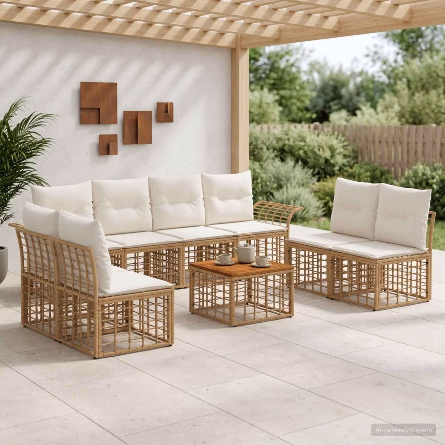 Set di divani da esterno vidaXL 9 pezzi per 8 persone in stile moderno, colore beige e marrone, con struttura in acciaio verniciato a polvere e cuscini inclusi resistenti ai raggi UV