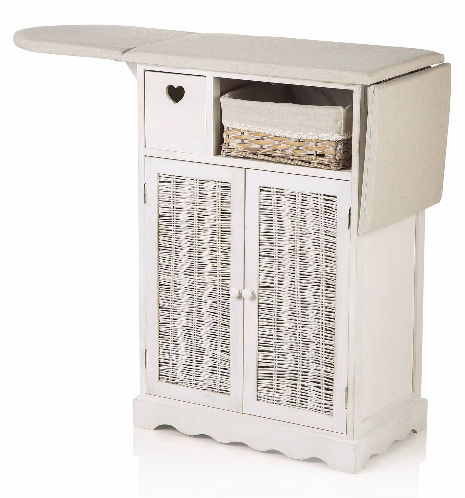 Scrivania in stile shabby chic con cesto portaoggetti in vimini e 2 ante