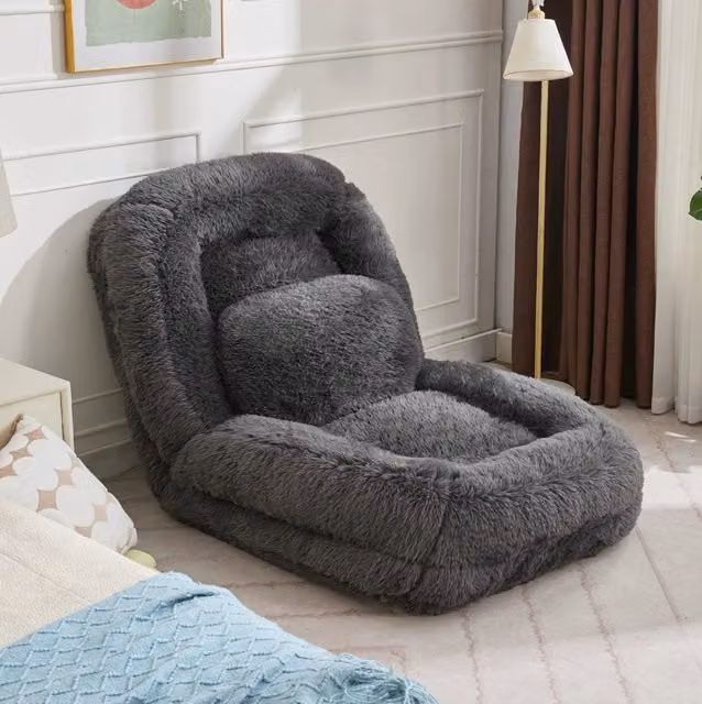 Divano da pavimento 102x89x88 cm grigio scuro, schienale 5 posizioni, tessuto peluche,