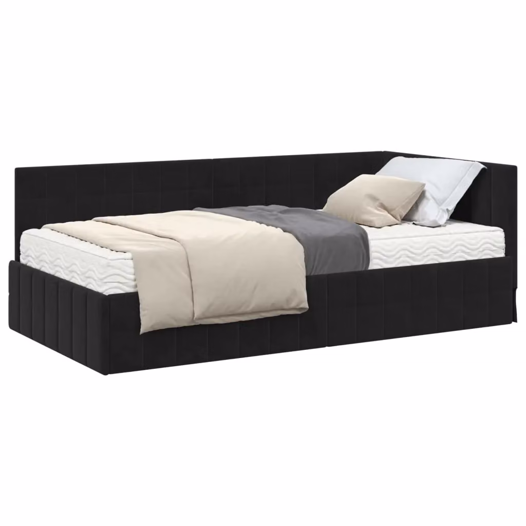 Letto angolare moderno vidaXL con struttura imbottita in velluto nero e 2 materassi in schiuma, L/P/H: 200 x 90 x 72 cm – 2
