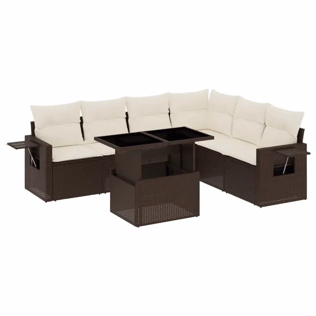 Set di divani da giardino vidaXL in polyrattan marrone con cuscini e tavolino da esterno a forma di L – 2