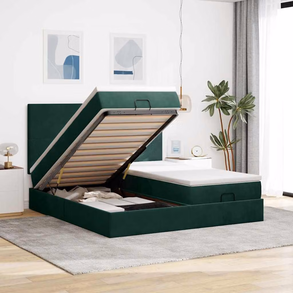 Letto con Pouf e Materasso vidaXL in Velluto Verde e Bianco con Base a Sollevamento, Illuminazione Sotto il Letto e Porte USB, L/P/H: 180 x 200 x 128 cm