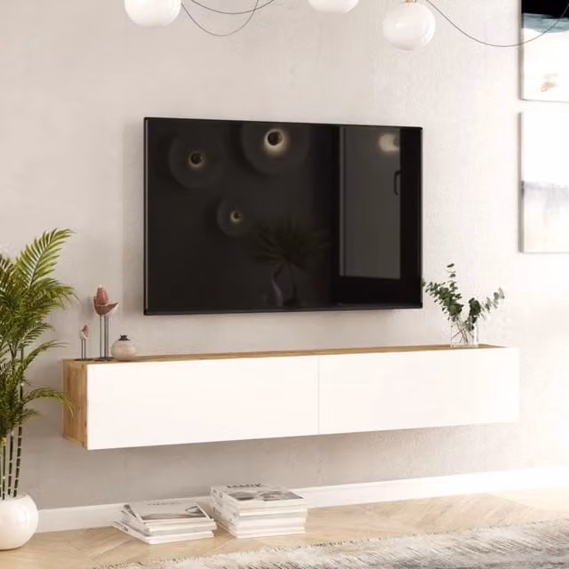 Mobile Porta TV Lapinlahti en.casa con 2 Ante a Ribalta, Consolle da Parete Moderna in Rovere e Bianco, L: 180 cm, P: 31,5 cm, H: 29,5 cm