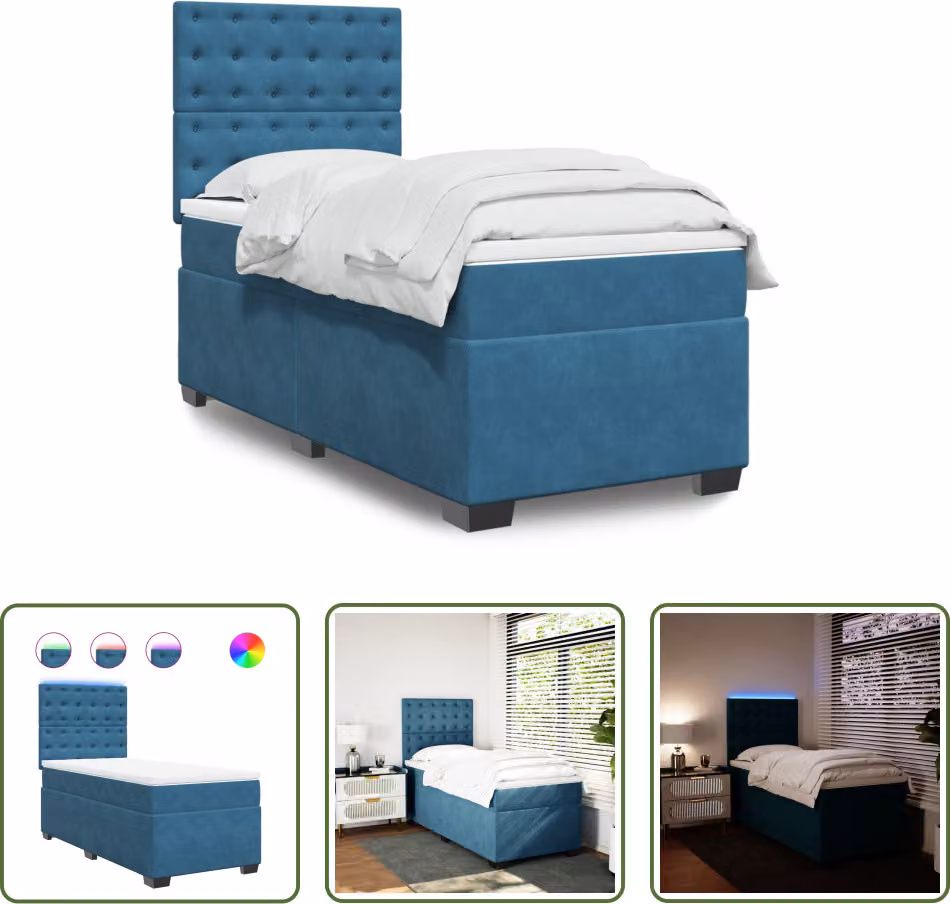 The Living Store Letto a molle con materasso blu 90x190 cm in velluto