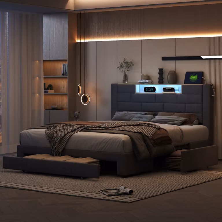CDGlobal letto imbottito con USB e rete a doghe, letto matrimoniale 160x200cm letto contenitore con cassetti, letto in legno massiccio letto funzionale con led, biancheria da letto giovanile, grigio