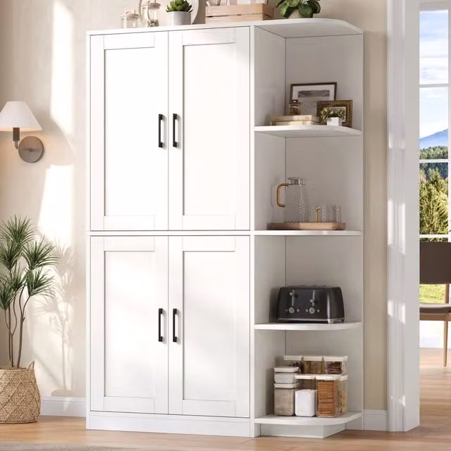 Credenza da cucina alta con 4 porte, 4 nicchie aperte e ripiani regolabili, in MDF con finitura bianca, 103 × 40 × 163 cm