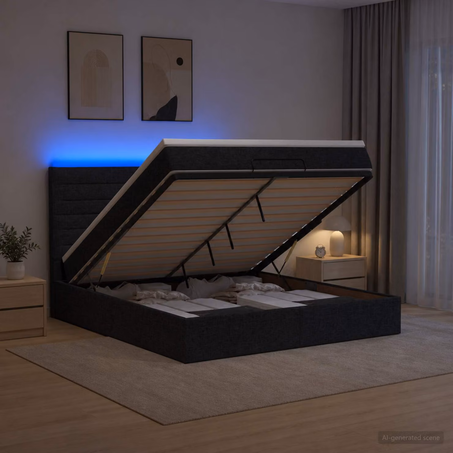 Letto Ottomano vidaXL con Materasso Ibrido e Illuminazione LED Sotto il Letto, Nero, L/P/H: 200 x 180 x 88 cm