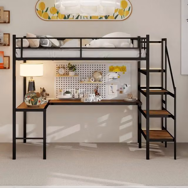 Letto a soppalco con scrivania ¨C Minimal ¨C Struttura in legno con cassetti e gradini