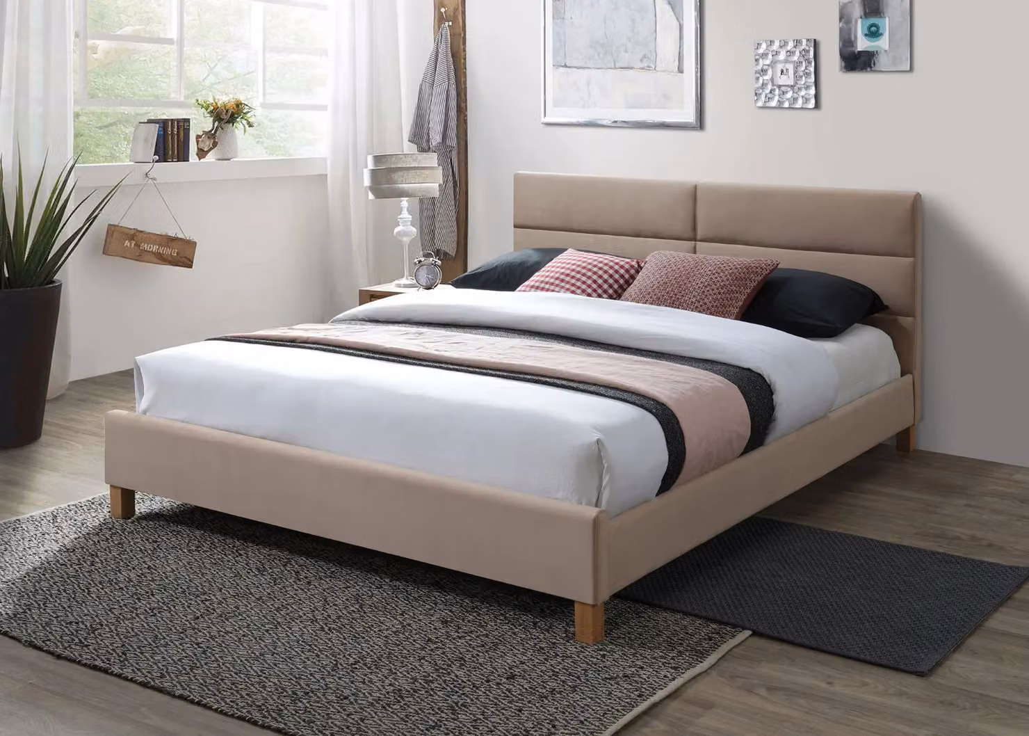 Letto matrimoniale imbottito ALMONA - 160x200 cm, beige