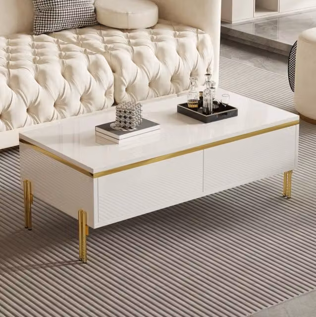 Tavolino da soggiorno MODFU bianco e oro in MDF lucido L: 60 cm, P: 50 cm, H: 36 cm