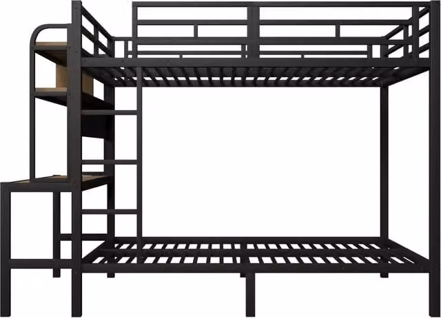 Letto a castello 140x200 cm con struttura in ferro, scrivania, luce LED e porta USB, nero