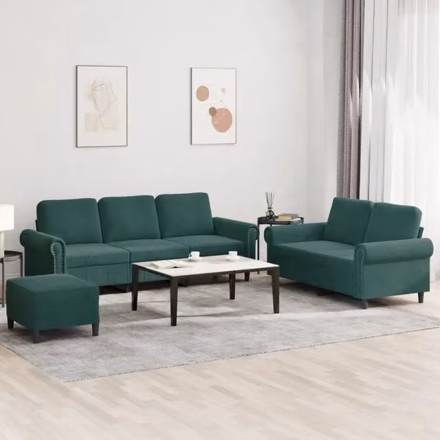 Set di divani 3 pezzi vidaXL in velluto verde con pouf e cuscini per soggiorno moderno
