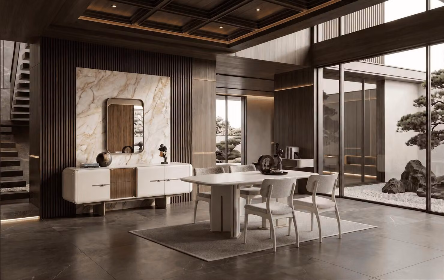 Set da pranzo beige, tavolo rettangolare, sedie, credenza, specchio, stile moderno