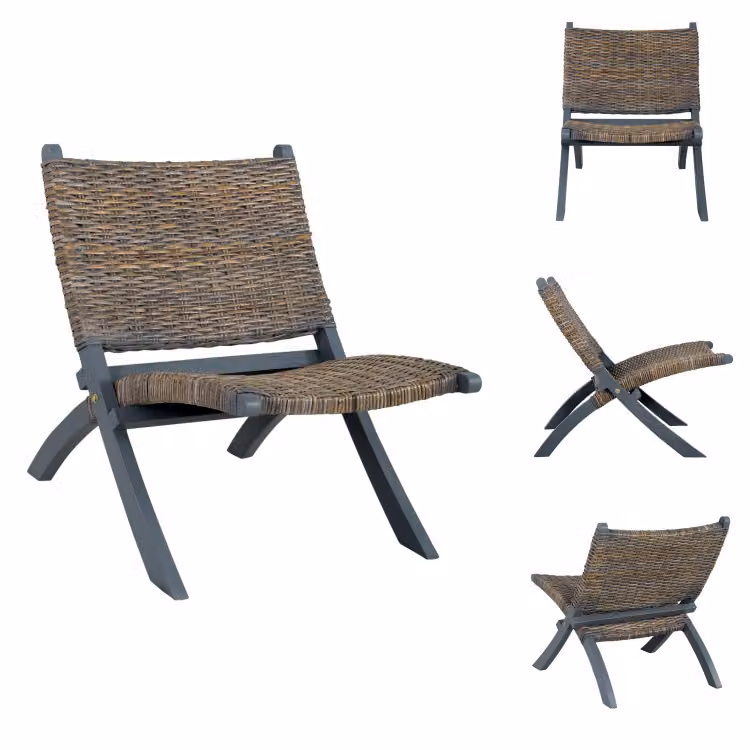 vidaXL Sedia relax grigio naturale in rattan Kubu e legno massiccio di mogano - Poltrona