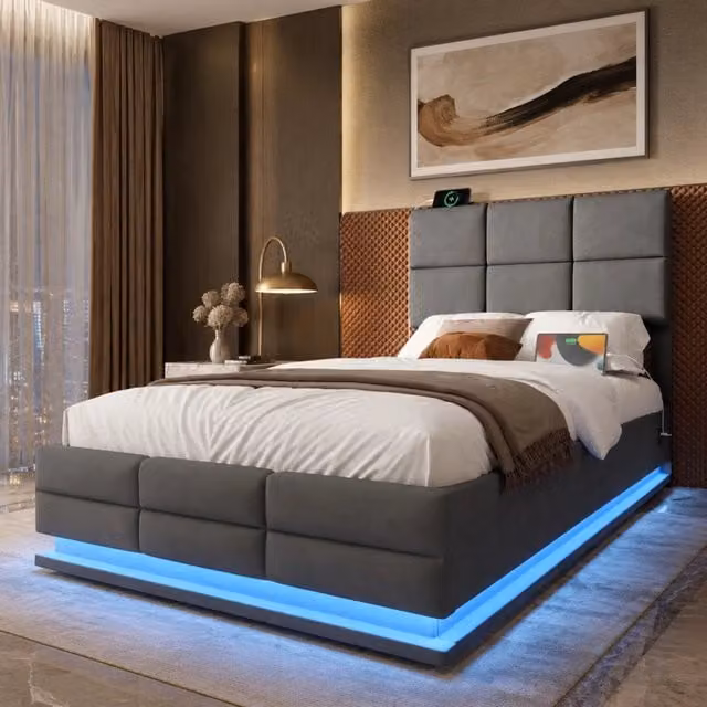 Letto singolo con contenitore MODFU in velluto grigio con testiera regolabile, luci LED e porta USB, L/P/H: 90 x 200 x 115 cm – 1