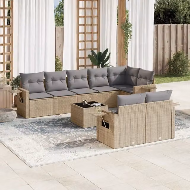 vidaXL Set Divano da Giardino 9 pz Moderno con Cuscini Beige e Tavolino in Vetro per Terrazza e Giardino