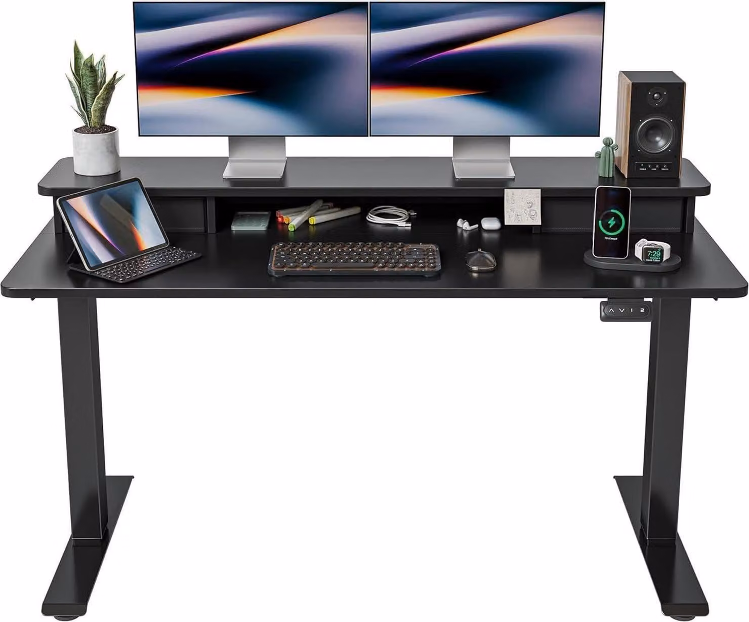 FEZIBO Tavolo alto elettrico 140x60 cm con doppio cassetto, ripiano - Nero