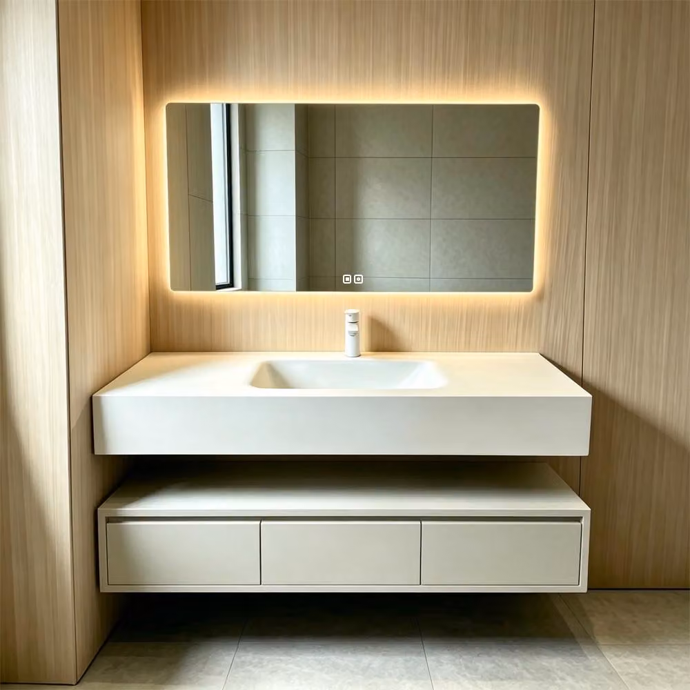 Set di mobili da bagno sospesi con lavabo in pietra sinterizzata, specchio a LED con funzione antiappannamento e cassetto 120×55 cm【RWC913-120】