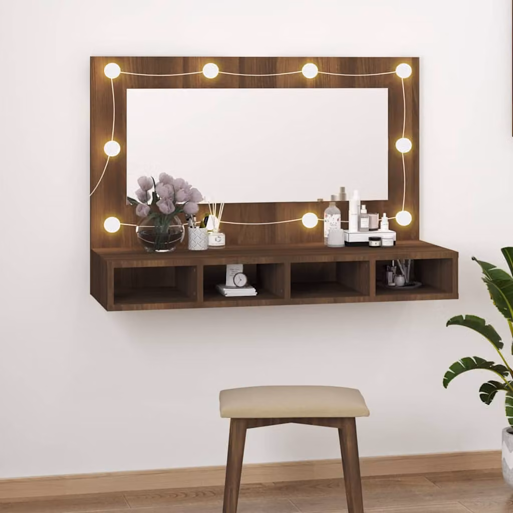 Armadietto da bagno con specchio e illuminazione LED vidaXL in rovere marrone L: 90 cm, P: 31,5 cm, H: 62 cm