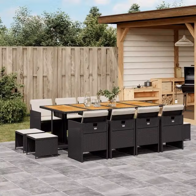 Set da pranzo da giardino vidaXL in polyrattan e legno di acacia con 13 pezzi e cuscini, colore nero, marrone o bianco – 1