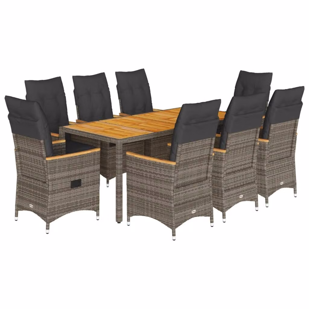 Set da Pranzo da Giardino 9 pz con Cuscini in Polyrattan Grigio