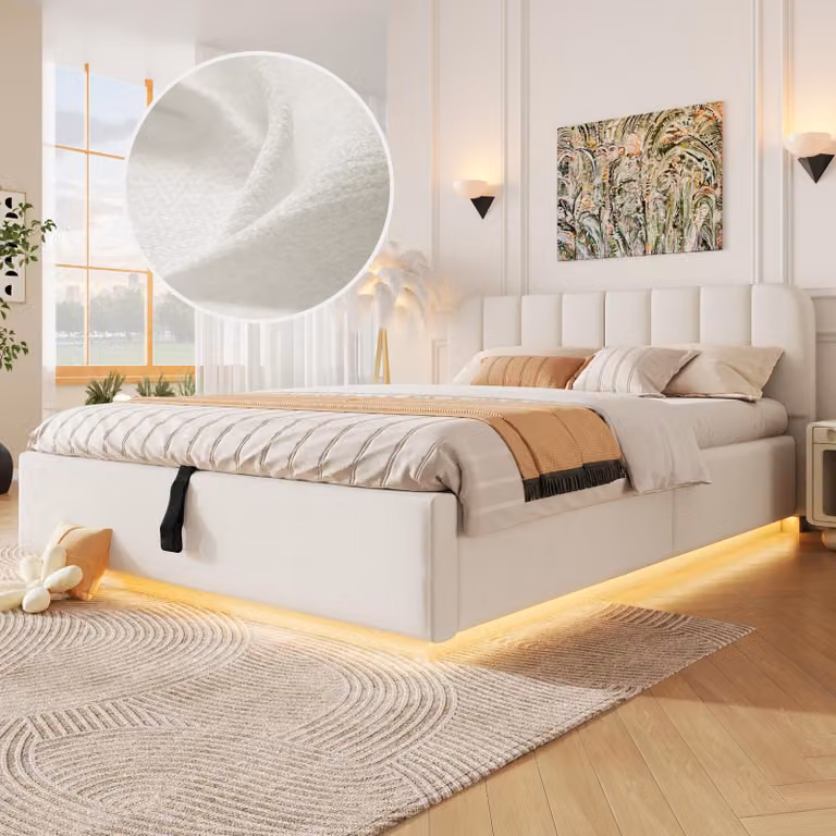 Letto imbottito 140 x 200 cm con contenitore a sollevamento idraulico, illuminazione a LED, testiera imbottita e rete a doghe, rivestito in tessuto tipo "chenille"