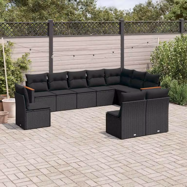 vidaXL Set Divani da Giardino 10 Pezzi in Polyrattan Nero con Cuscini Imbottiti e Rivestimenti Rimovibili
