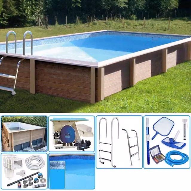 Piscina interrata rettangolare NATURALIS in pietra ricostruita effetto legno, colori blu e marrone, con filtrazione a sabbia e locale tecnico, L: 609 cm, P: 324 cm, H: 128 cm