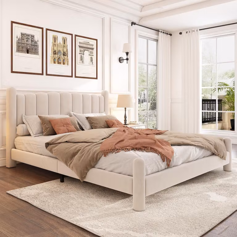 Letto imbottito 160 x 200 cm con rete a listelli, testiera a forma di ventaglio, rivestimento in velluto e piedi cilindrici, color beige