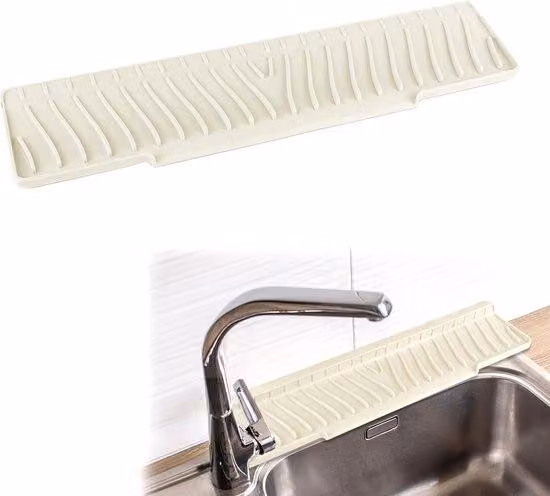 Tappetino in silicone, piccolo tappetino antiscivolo per il bordo del lavello, pieghevole, bianco, con bordo rialzato, 45x10 cm, per cucina e bagno
