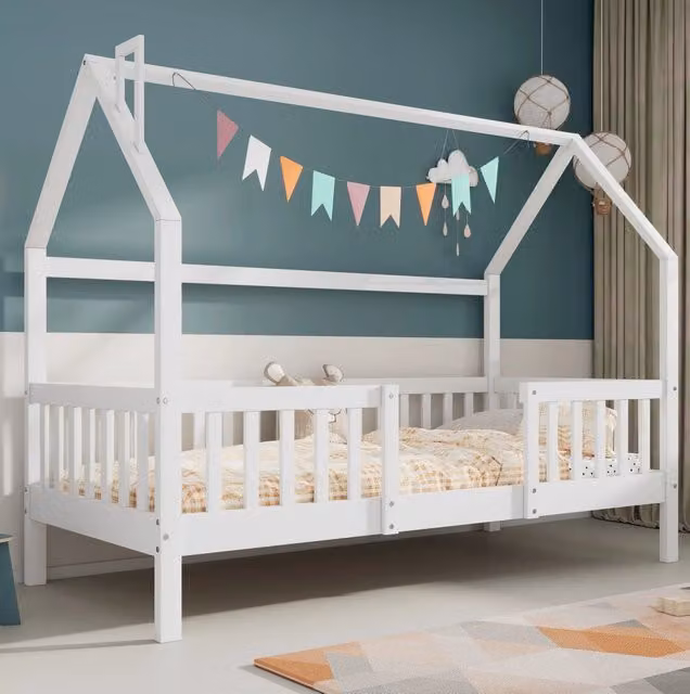 Letto a casetta per bambini 90x200 cm con tetto e recinto in pino; bianco