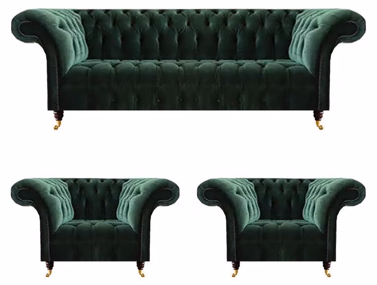 Dunkelgrüne Chesterfield Sessel Wohnzimmer Dreisitzer Luxus Couch 3tlg