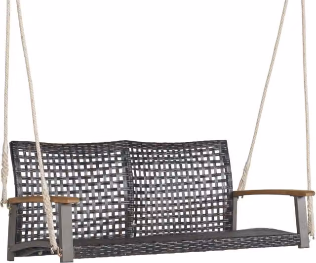 Altalena in rattan PE con 2 corde e schienale curvato, Panca altalena da esterno con 2 posti per portico