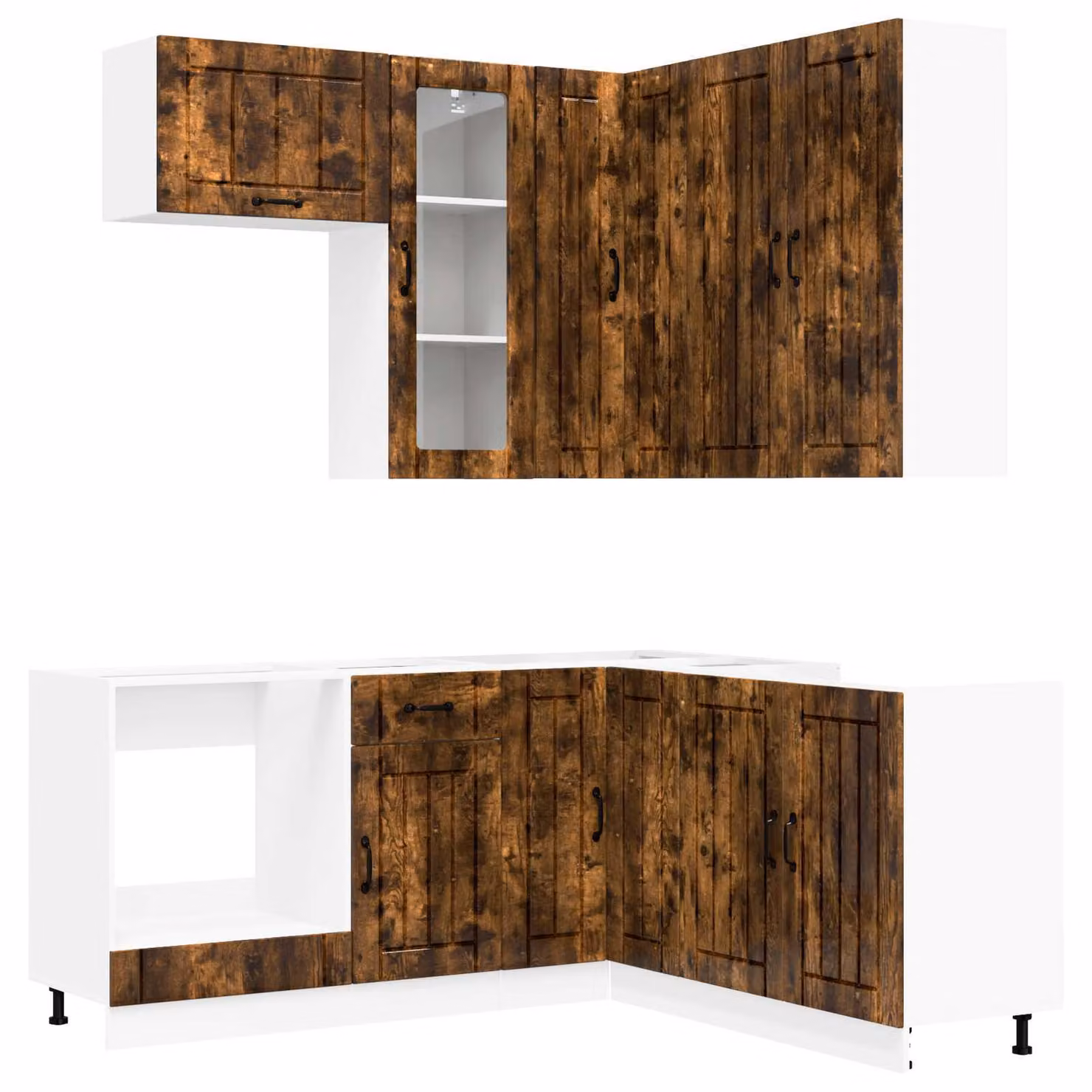 Set cucina LUCCA, 8 pezzi, realizzata in legno impiallacciato di quercia affumicata
