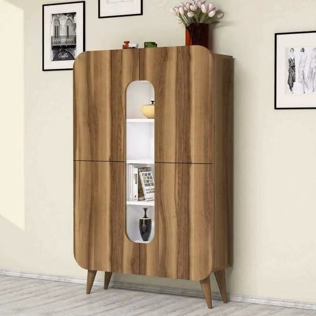 Credenza Novella DMORA, Buffet e Madia da Soggiorno o Cucina, Noce e Bianco, L: 93 cm, P: 31,8 cm, H: 144 cm