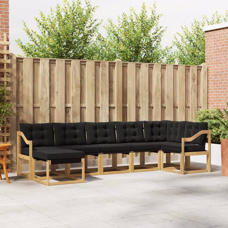 vidaXL Set di divani da esterno moderno a L con 7 pezzi, legno di acacia trattato e tessuto textilene, Bianco e Nero