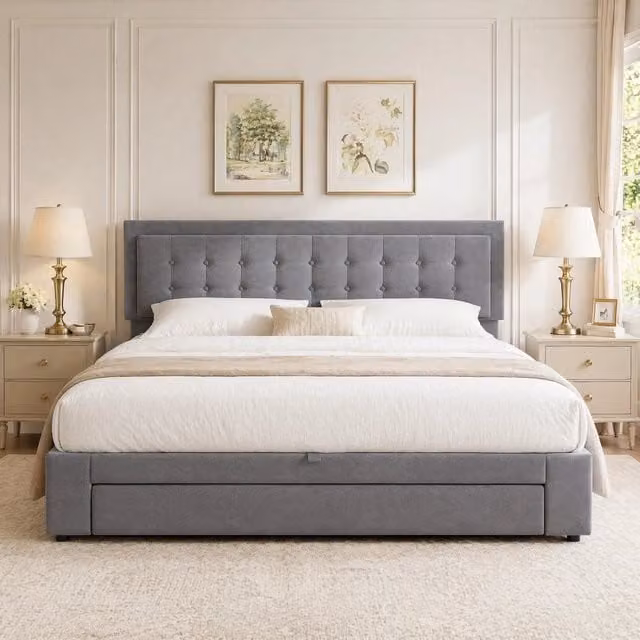 Letto Contenitore con Cassetti REDOM in Velluto Grigio L/P: 160 x 200 cm