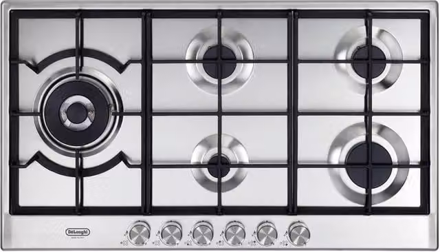 Piano cottura a gas De'Longhi NSL 590D X con 5 fuochi, griglie in ghisa e finitura in acciaio inox, L 90 cm