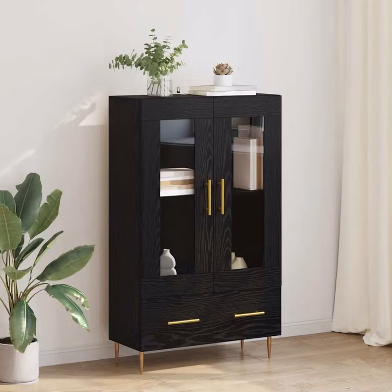 Credenza moderna vidaXL con cassetto e ante in vetro, Rovere e Nero, L: 69,5 cm, P: 31 cm, H: 115 cm