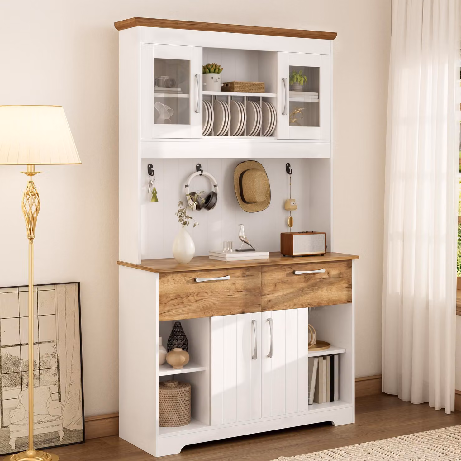 Armadietti da cucina Flieks con spazio contenitivo, 2 cassetti, ante e barra per appendere, credenza per cucina, sala da pranzo e ingresso, mobile contenitore, bianco e naturale