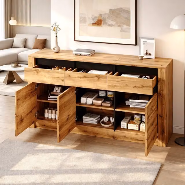 Madia REDOM in legno naturale marrone con 3 cassetti e vani, L: 135 cm, P: 35 cm, H: 70 cm