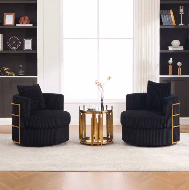 Poltrona girevole 76x79x78 cm nera in velluto a coste; vano contenitore