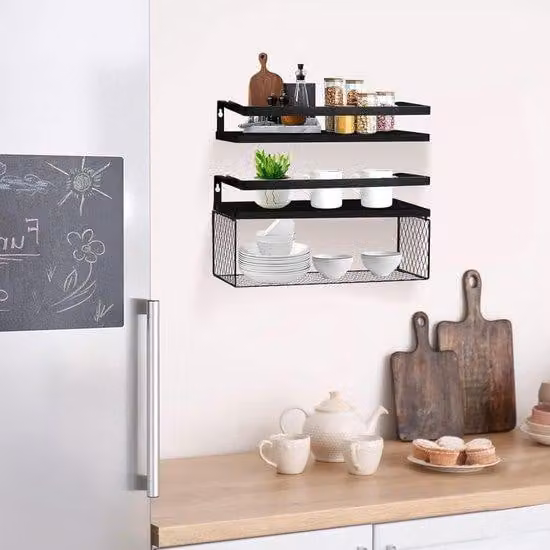Mensole sospese con cesto portaoggetti in filo metallico sopra il WC, mensole da bagno sopra il WC, organizer da bagno, mensole in legno da parete per bagno, camera da letto, soggiorno, nero, 2 pezzi